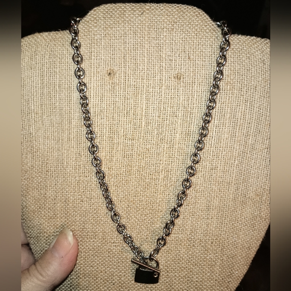Silver Tone Lock (G) Toggle Necklace